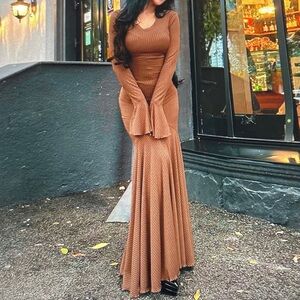 Ribbed Bell Sleeve Maxi Dress - Brown